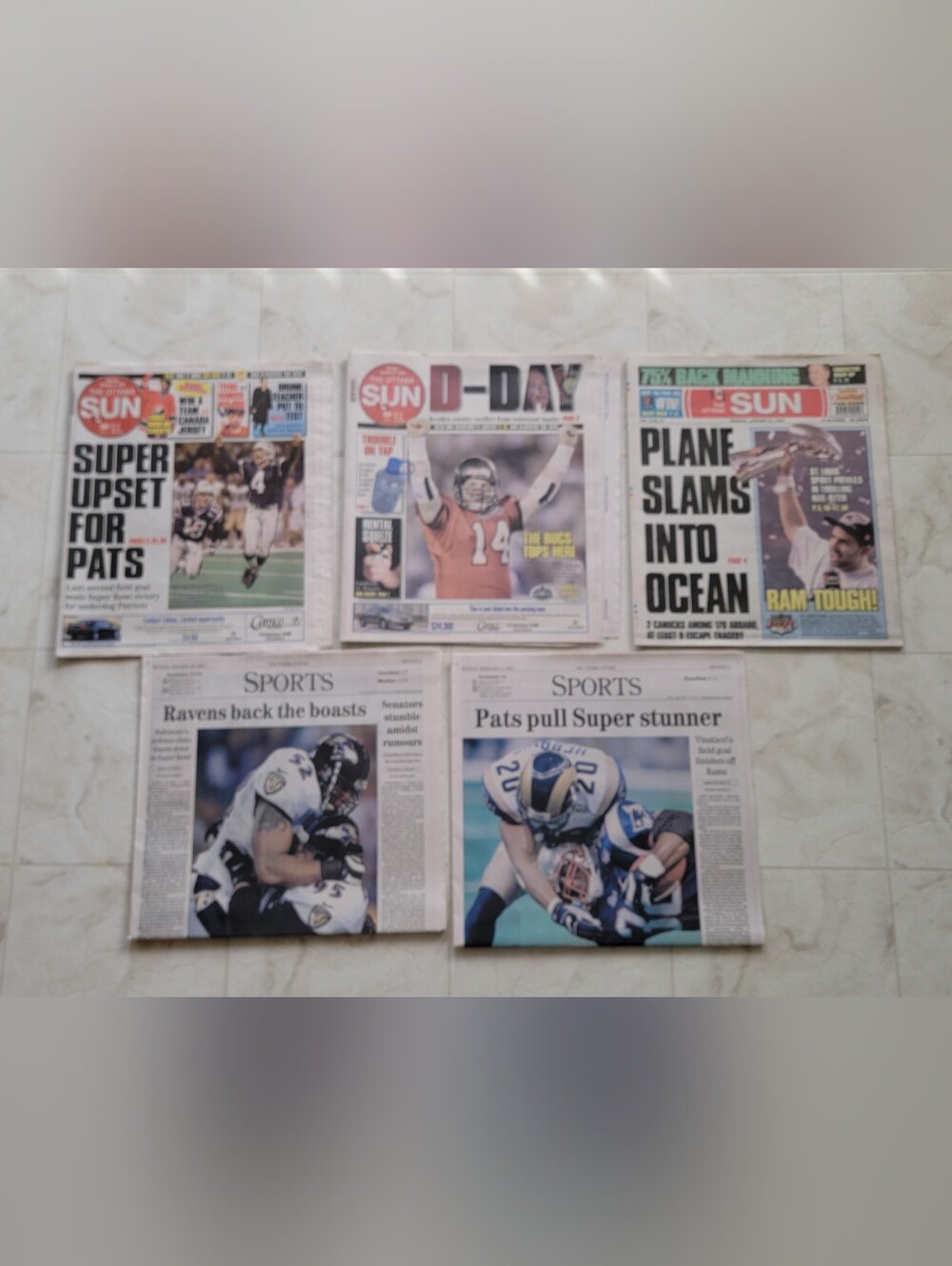 Three Superbowl Newspapers & Three Sports Sections 2000, 2001, 2002, & 2003